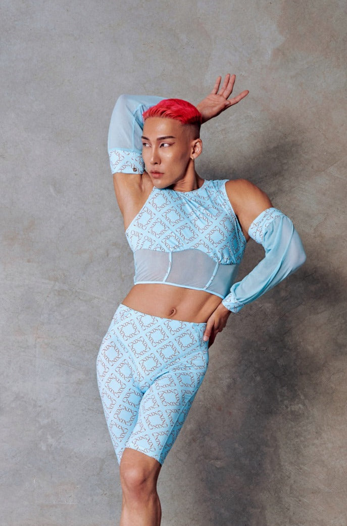 トップス theredthread corset fit tops CXIX 119 Corset Top + Removable Sleeves - Blue with Print | Pole