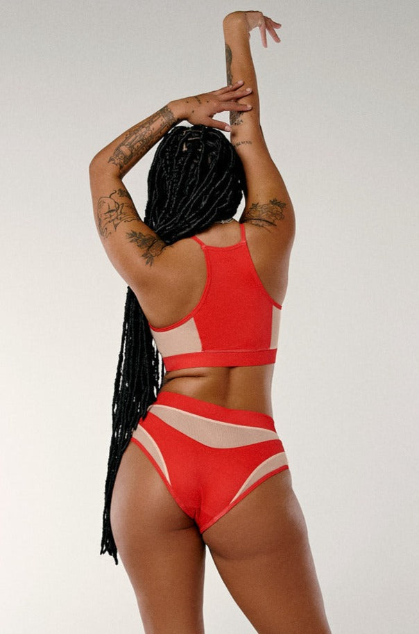 Goddess High Waisted Bottoms - Red with Sand Mesh