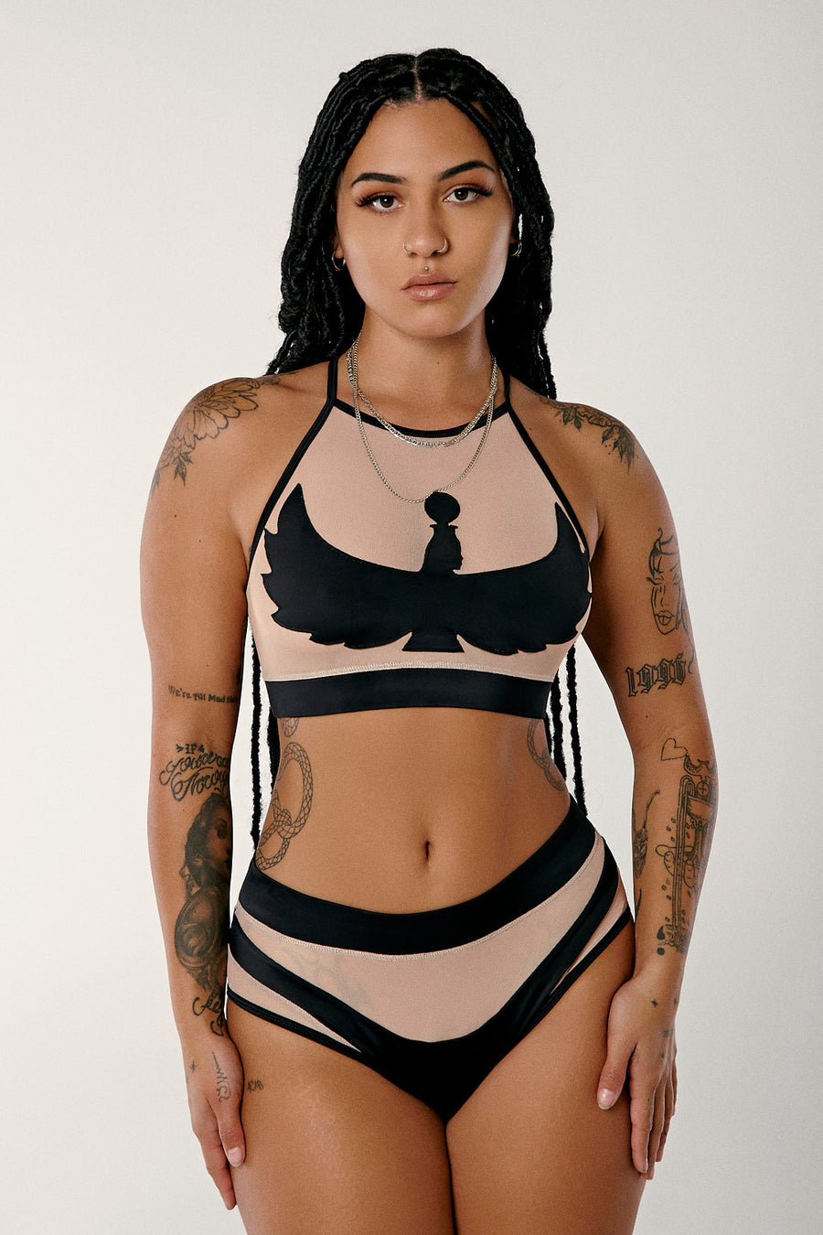 I S I S Goddess Halter Top - Black with Sand Mesh