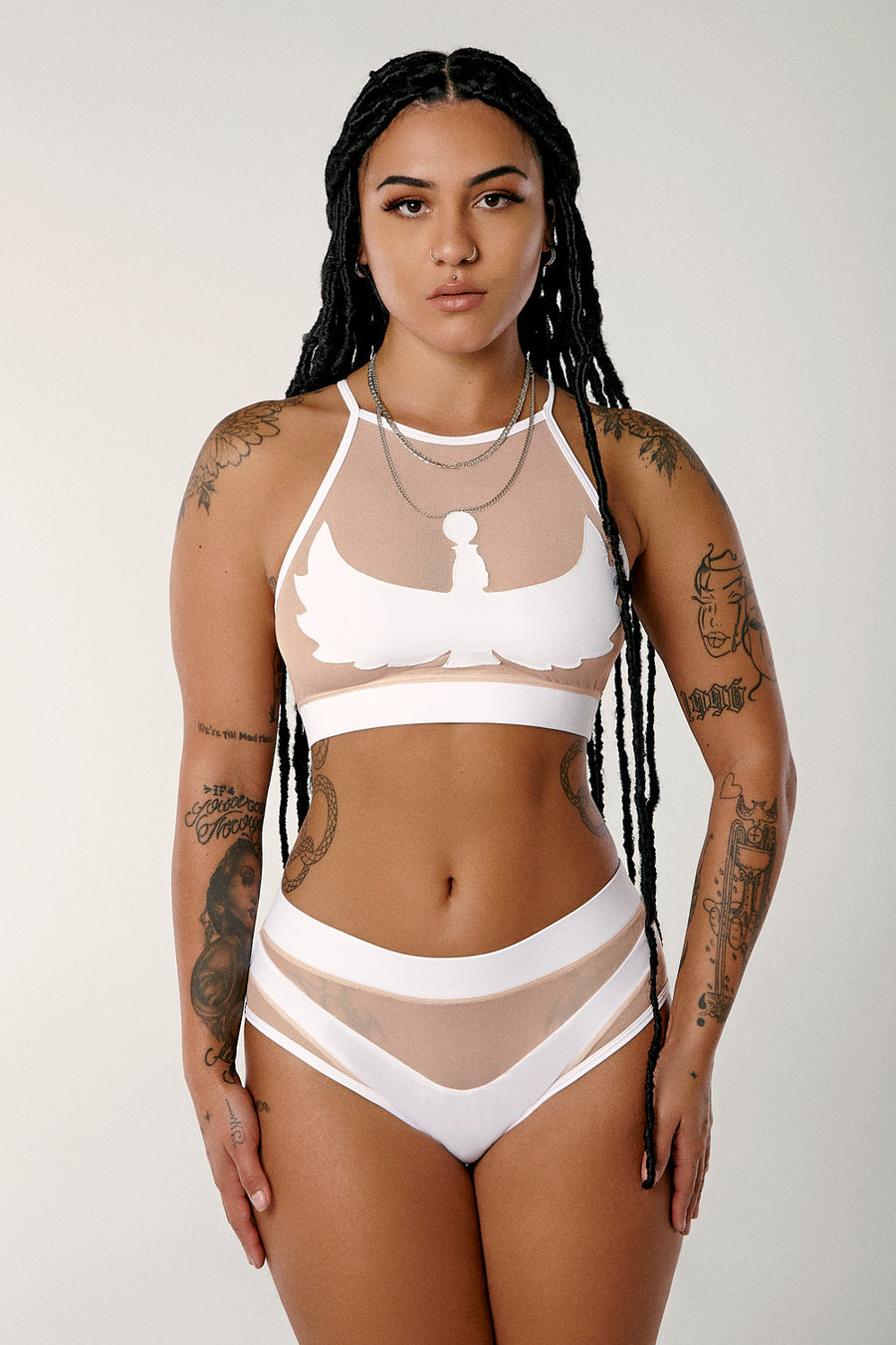 I S I S Goddess Halter Top - White with Sand Mesh