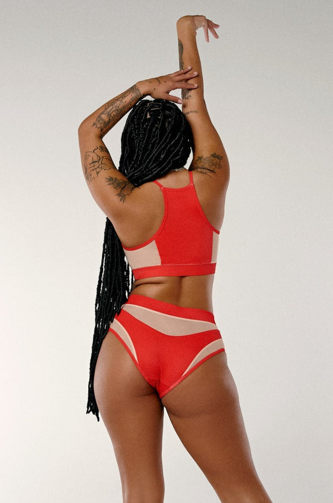 Goddess High Waisted Bottoms - Red with Sand Mesh