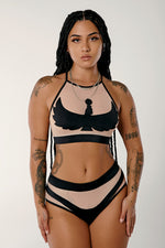 I S I S Goddess Halter Top - Black with Sand Mesh