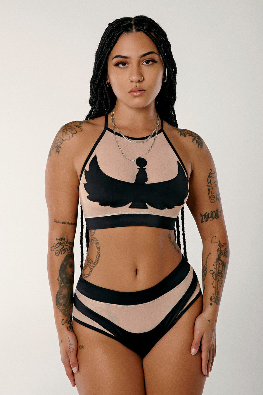 I S I S Goddess Halter Top - Black with Sand Mesh