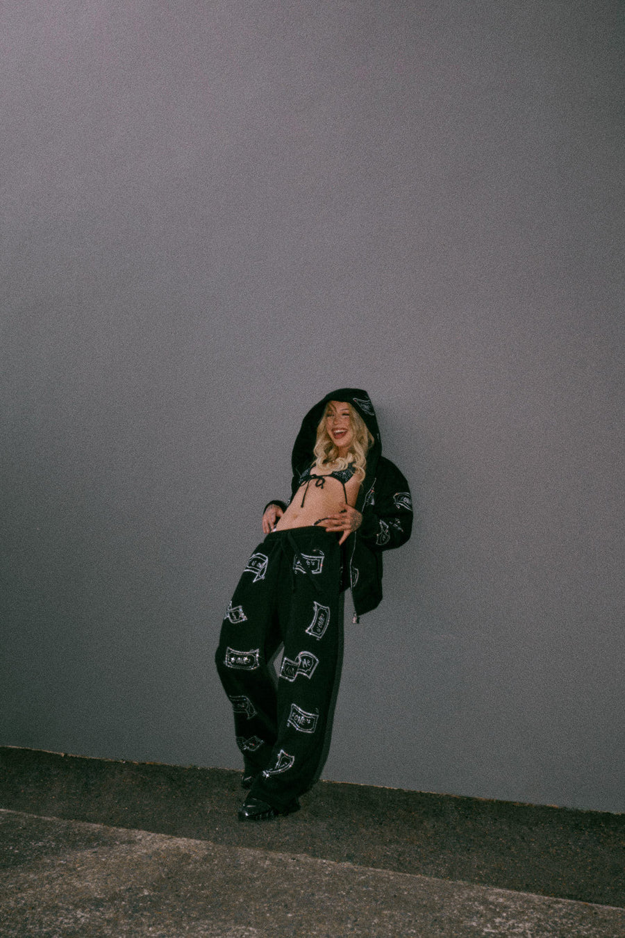 WIDE LEG Sweatpants - G'ONE$ - Black/Silver Rhinestones