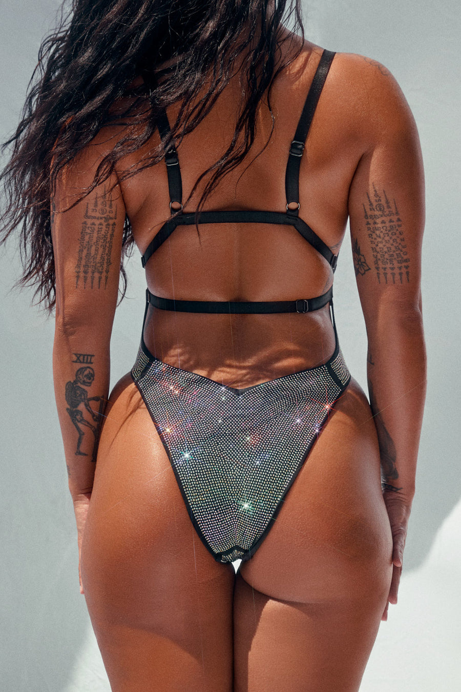 APHRODITE BODYSUIT - Black Iridescent RHINESTONE DRIP
