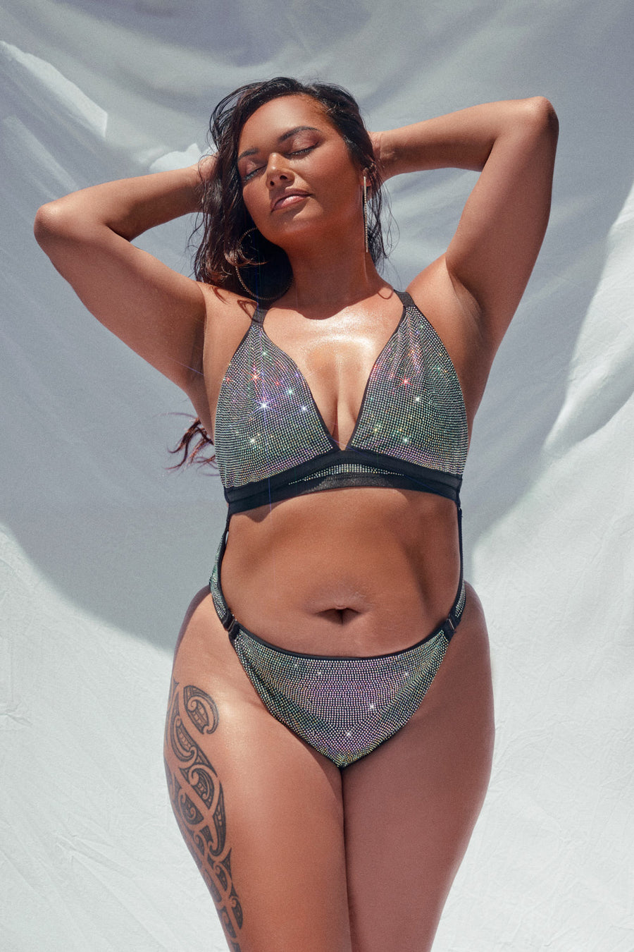 APHRODITE BODYSUIT - Black Iridescent RHINESTONE DRIP