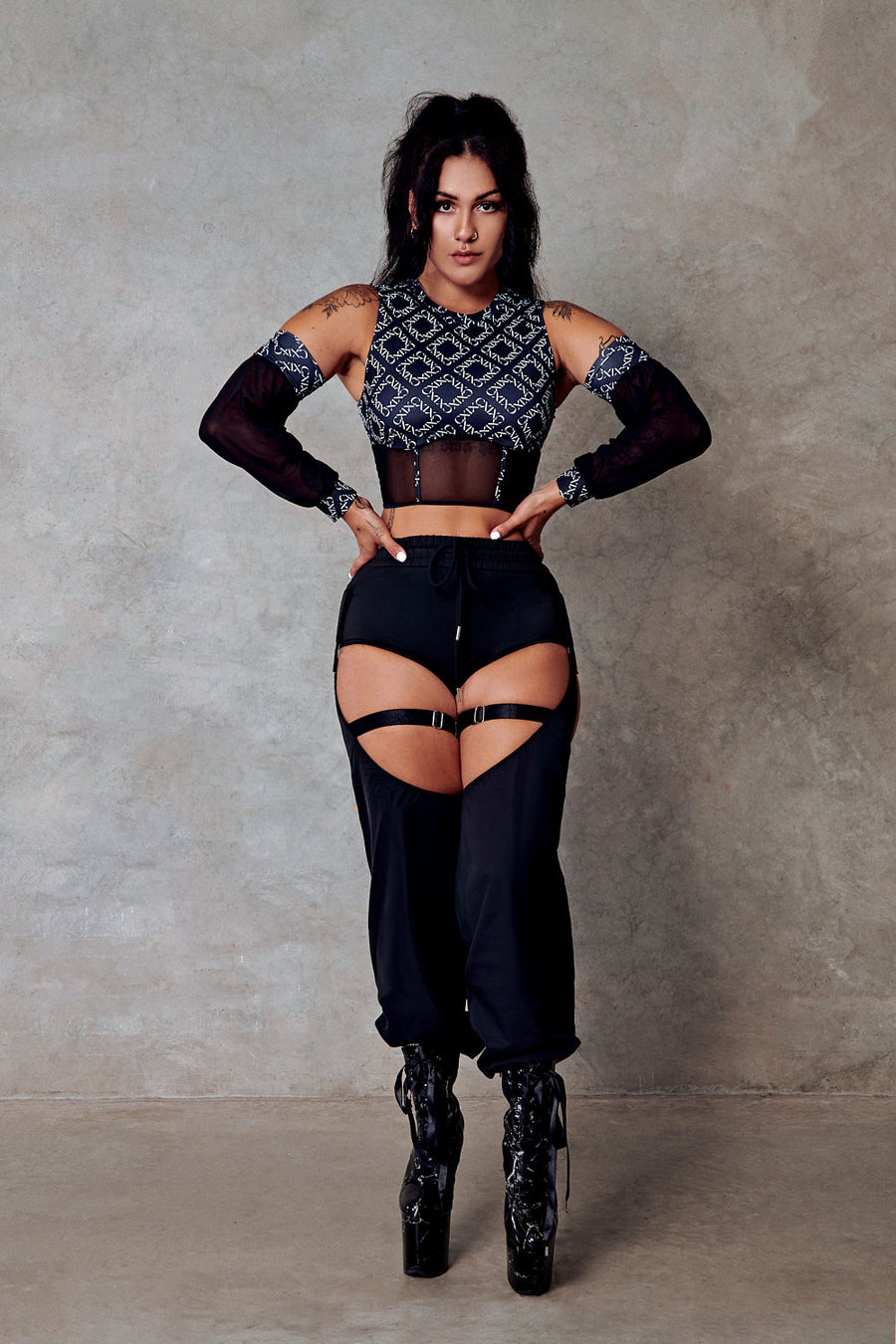 119 Corset Top + Removable Sleeves - Black with Print