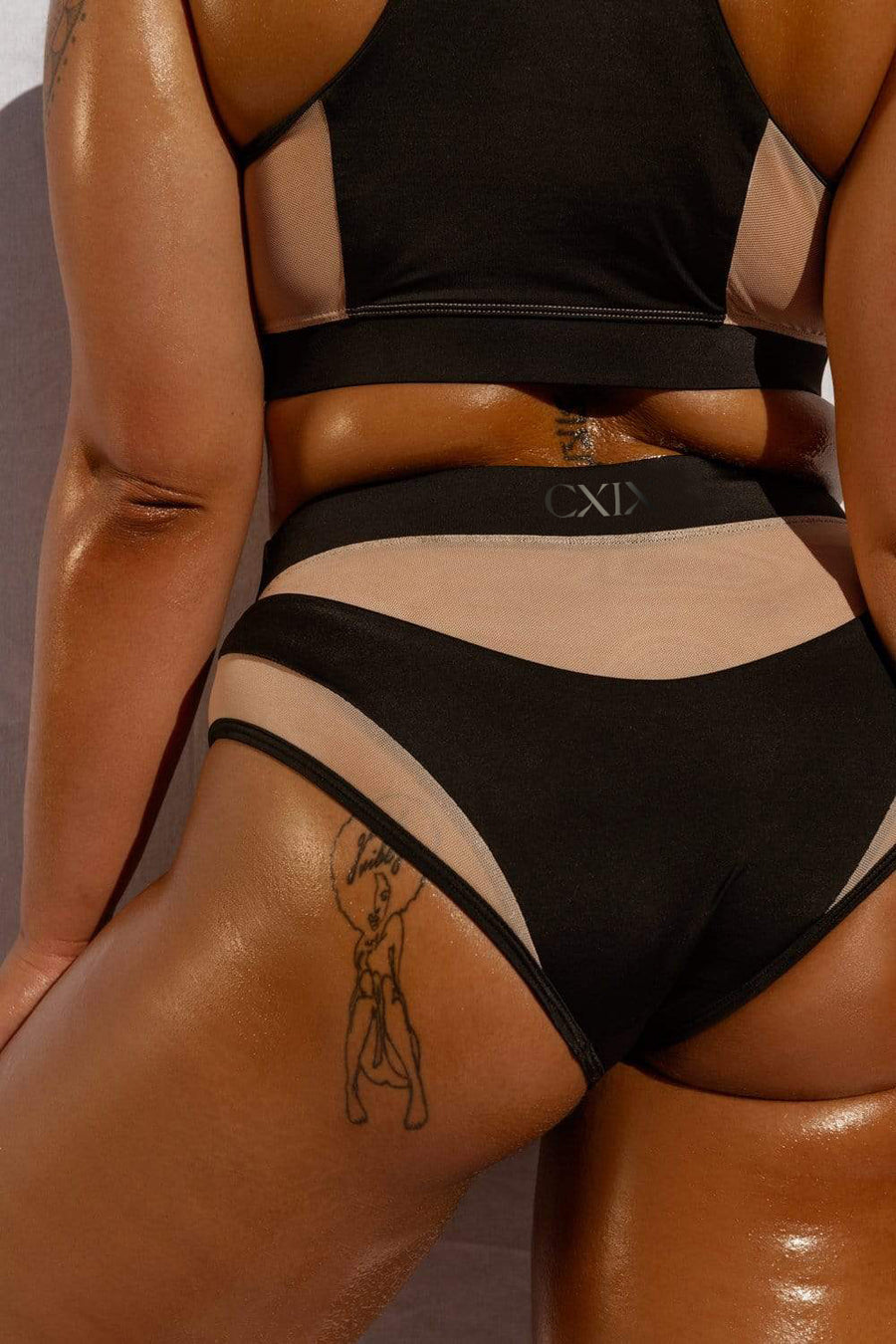 Goddess High Waisted Bottoms - Black with Sand mesh