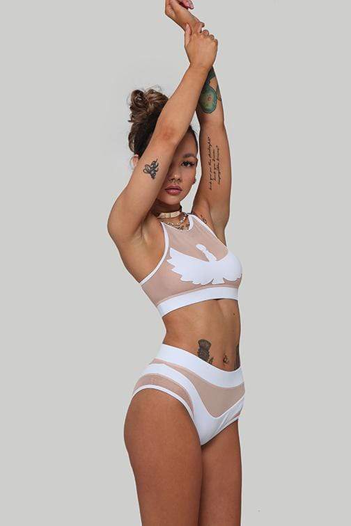 Goddess High Waisted Bottoms - White with Sand Mesh