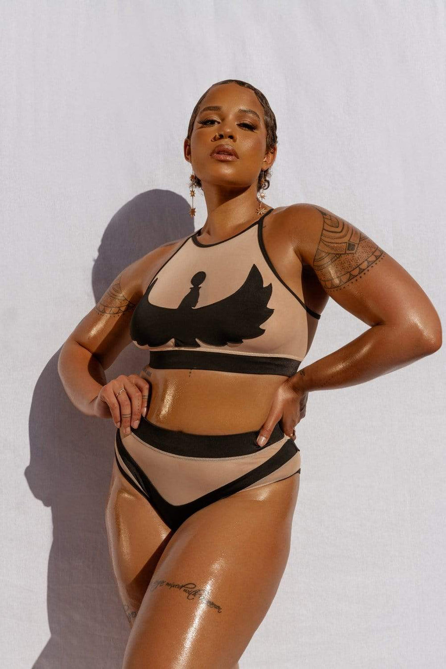 I S I S Goddess Halter Top - Black with Sand Mesh