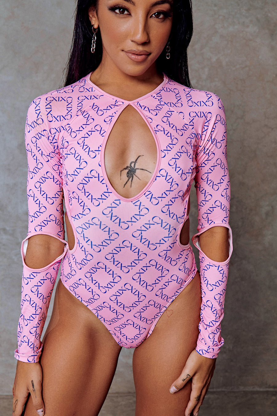 119 Plunge Bodysuit - Pink with Print