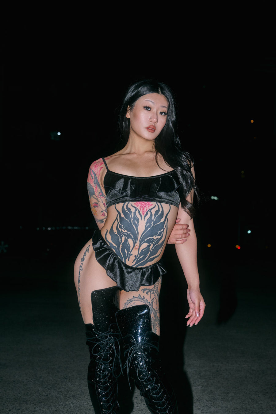 Pillowtalk: Ruffle Scoop Top - Black Satin