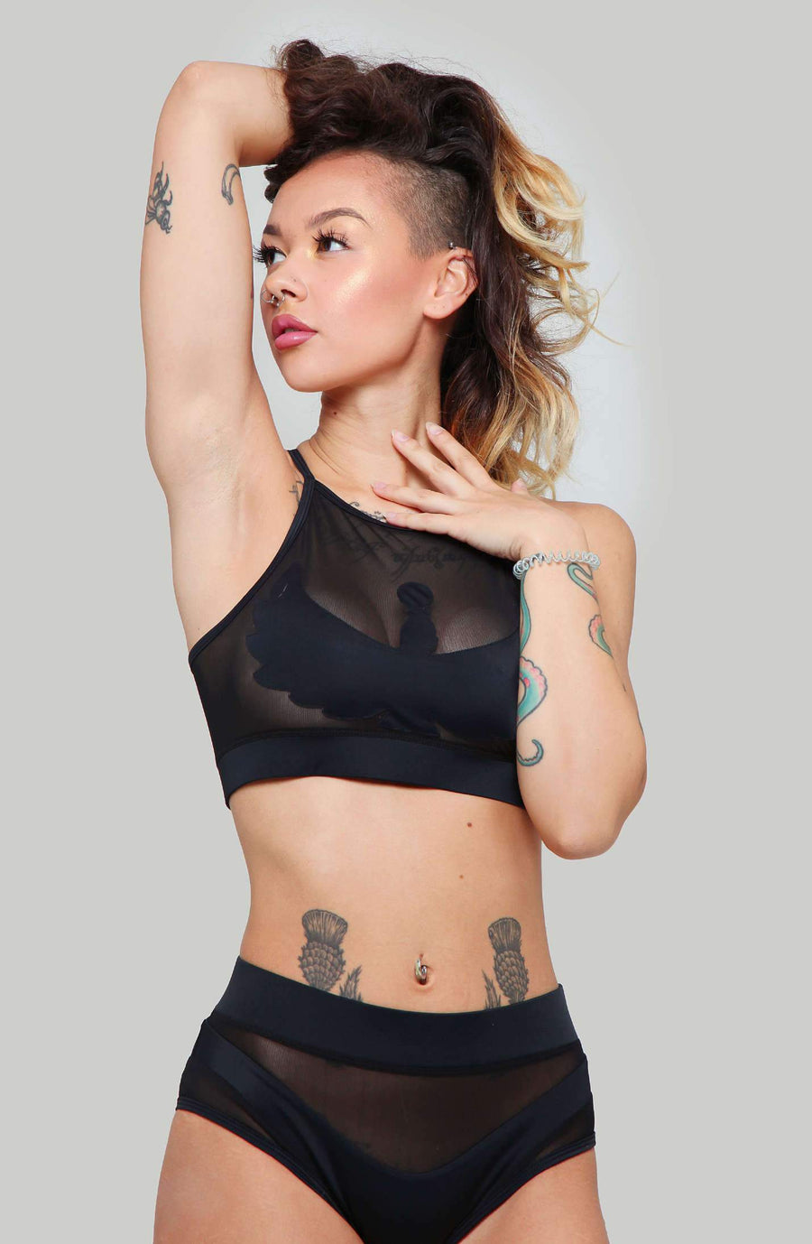 I S I S Goddess Halter Top - Black with Black Mesh