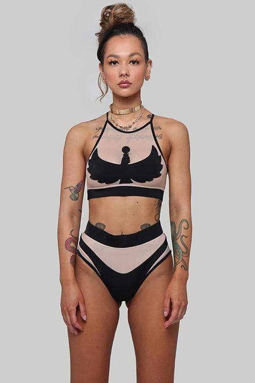 Goddess High Waisted Bottoms - Black with Sand mesh