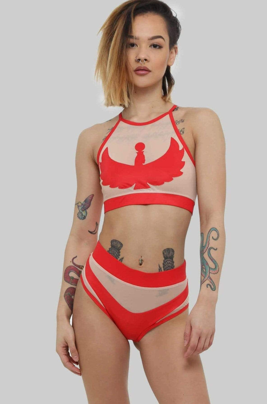 Goddess High Waisted Bottoms - Red with Sand Mesh