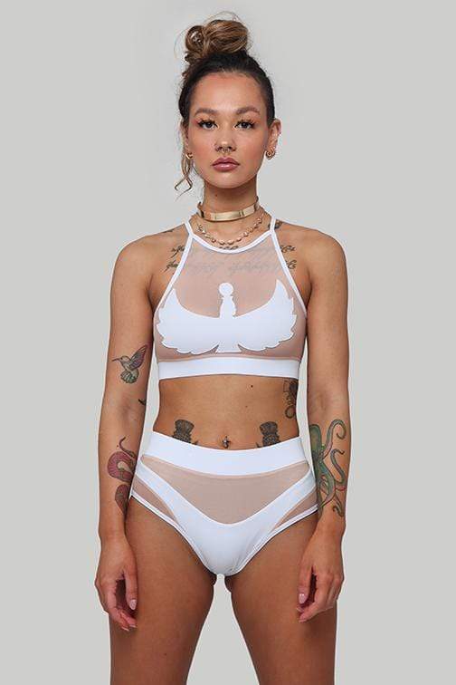 Goddess High Waisted Bottoms - White with Sand Mesh