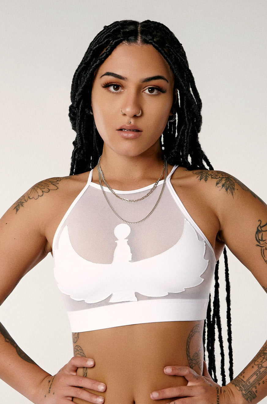 I S I S Goddess Halter Top - White with White Mesh
