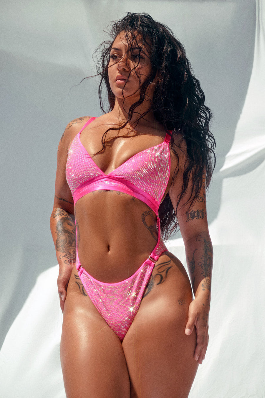 APHRODITE BODYSUIT - PINK Iridescent RHINESTONE DRIP - LIMITED ED.