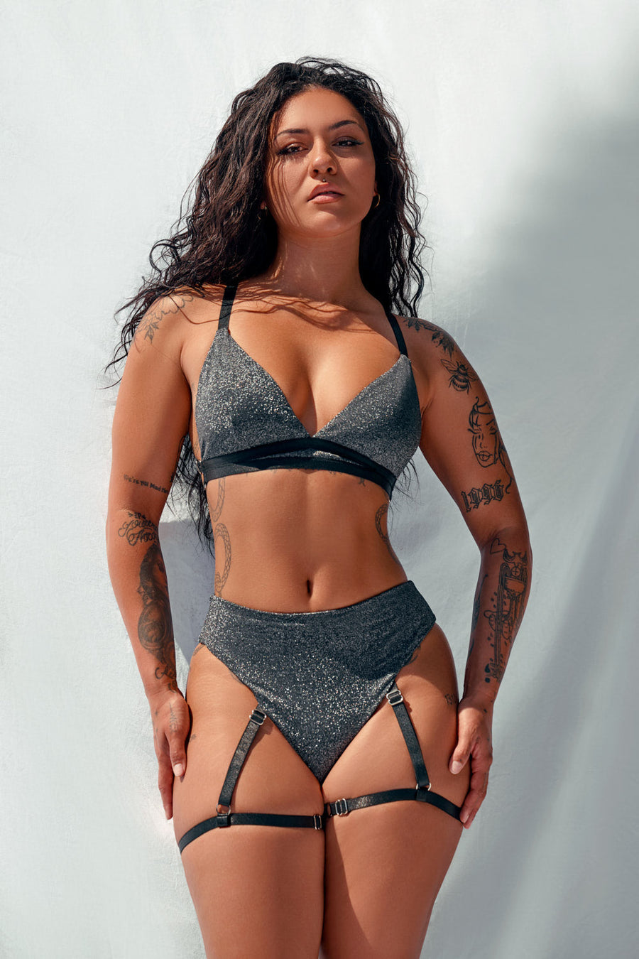 Cora High Waisted Bottoms with Garter - Black with Silver Sparkle