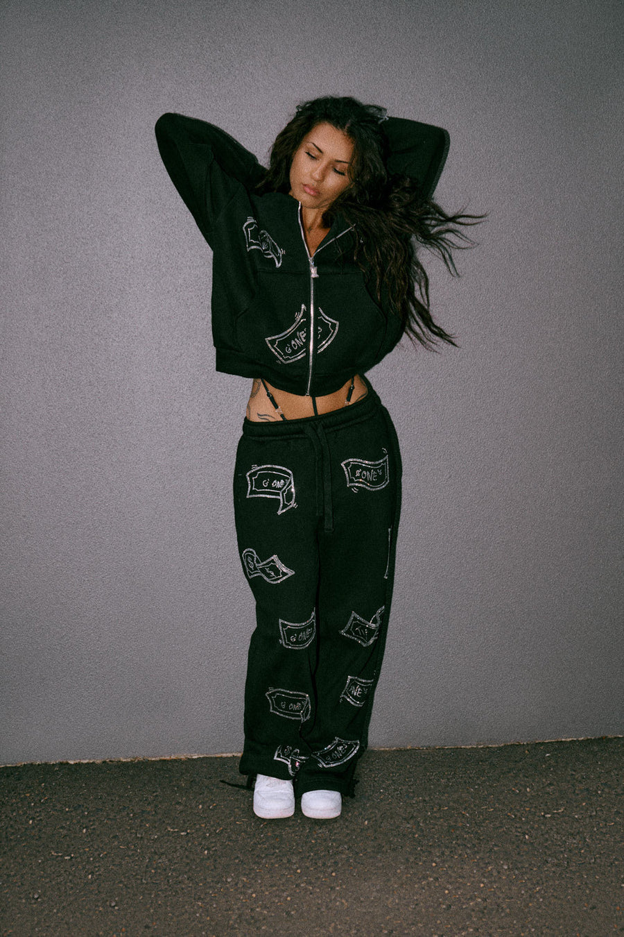 WIDE LEG Sweatpants - G'ONE$ - Black/Silver Rhinestones