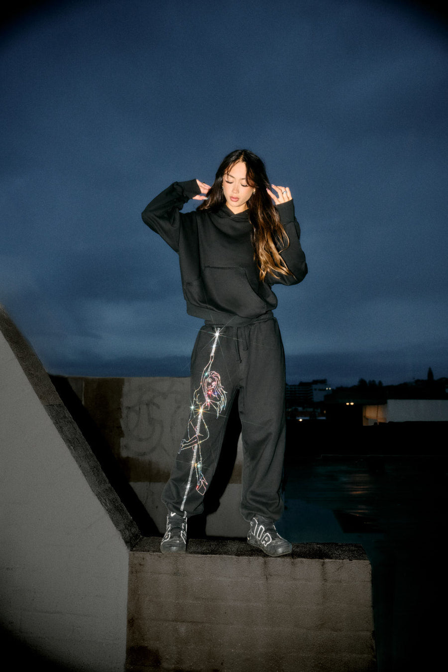 Anime Pole Dancer Hoodie - Ep 2 Black/Rainbow Rhinestone Limited Ed.