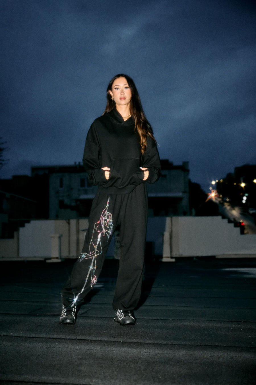 Anime Pole Dancer Sweatpants - Ep 2 Black/Rainbow Rhinestone Limited Ed.