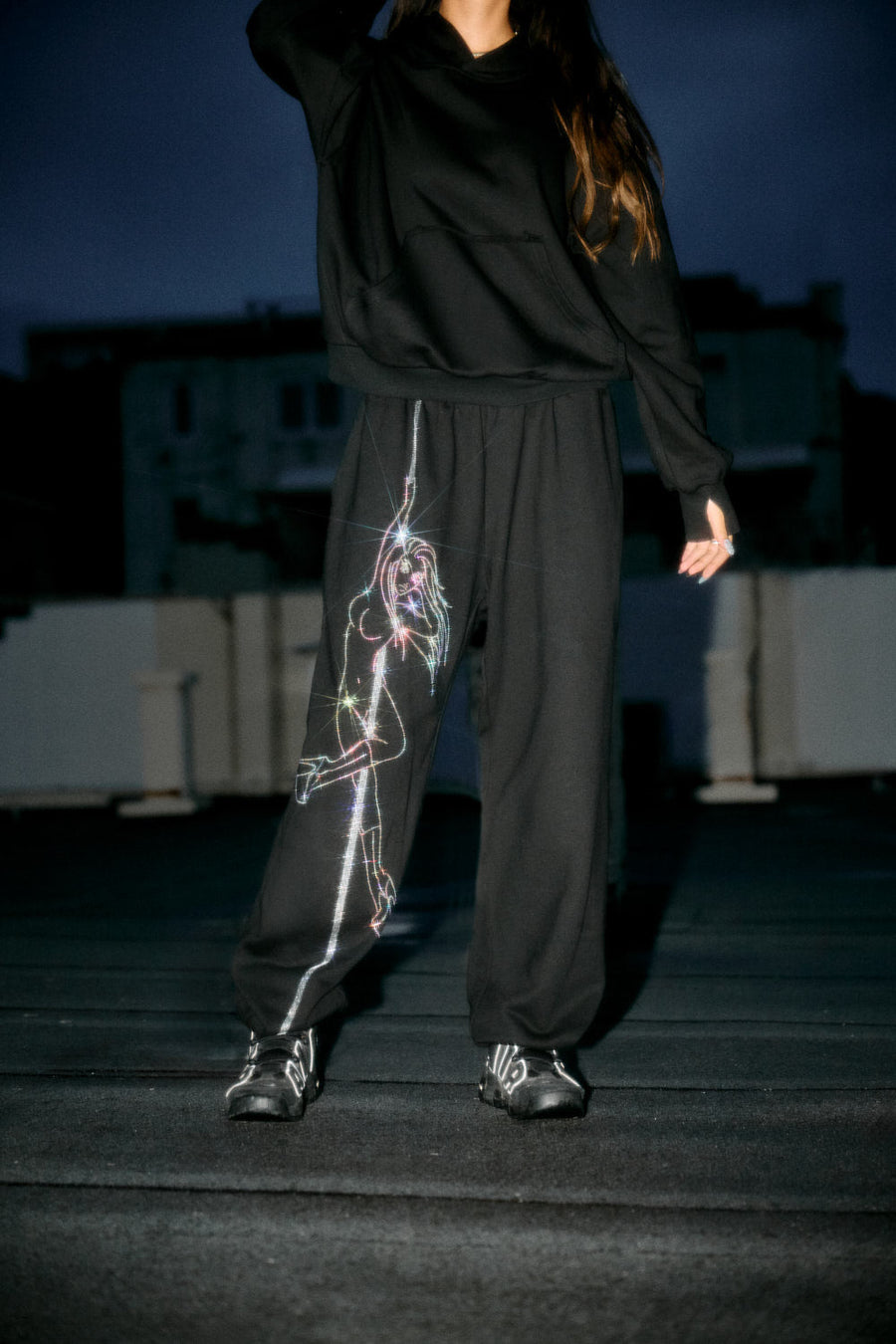 Anime Pole Dancer Sweatpants - Ep 2 Black/Rainbow Rhinestone Limited Ed.