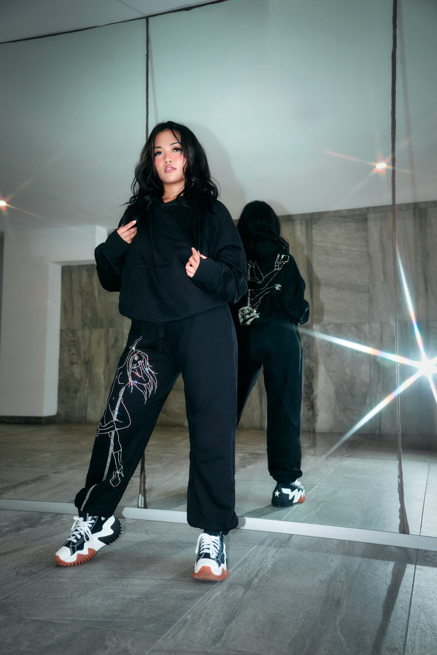 Anime Pole Dancer Sweatpants - Ep 2 Black/Rainbow Rhinestone Limited Ed.