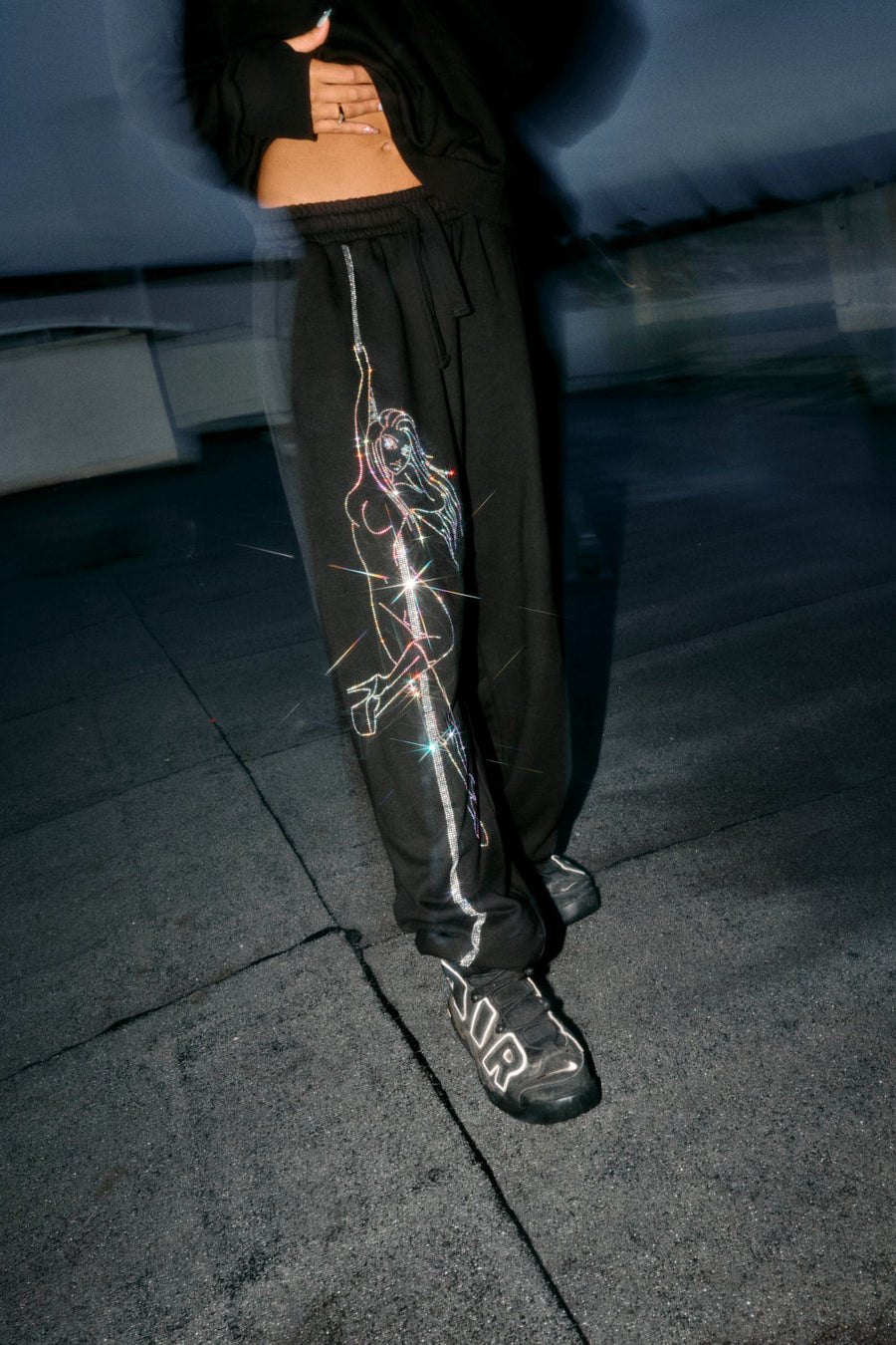 Anime Pole Dancer Sweatpants - Ep 2 Black/Rainbow Rhinestone Limited Ed.