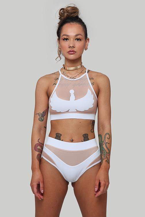 Goddess High Waisted Bottoms - White with Sand Mesh Shorts
